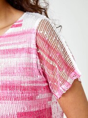 Roman Pink Mesh Overlay Stripe Print Top - Image 5 of 5