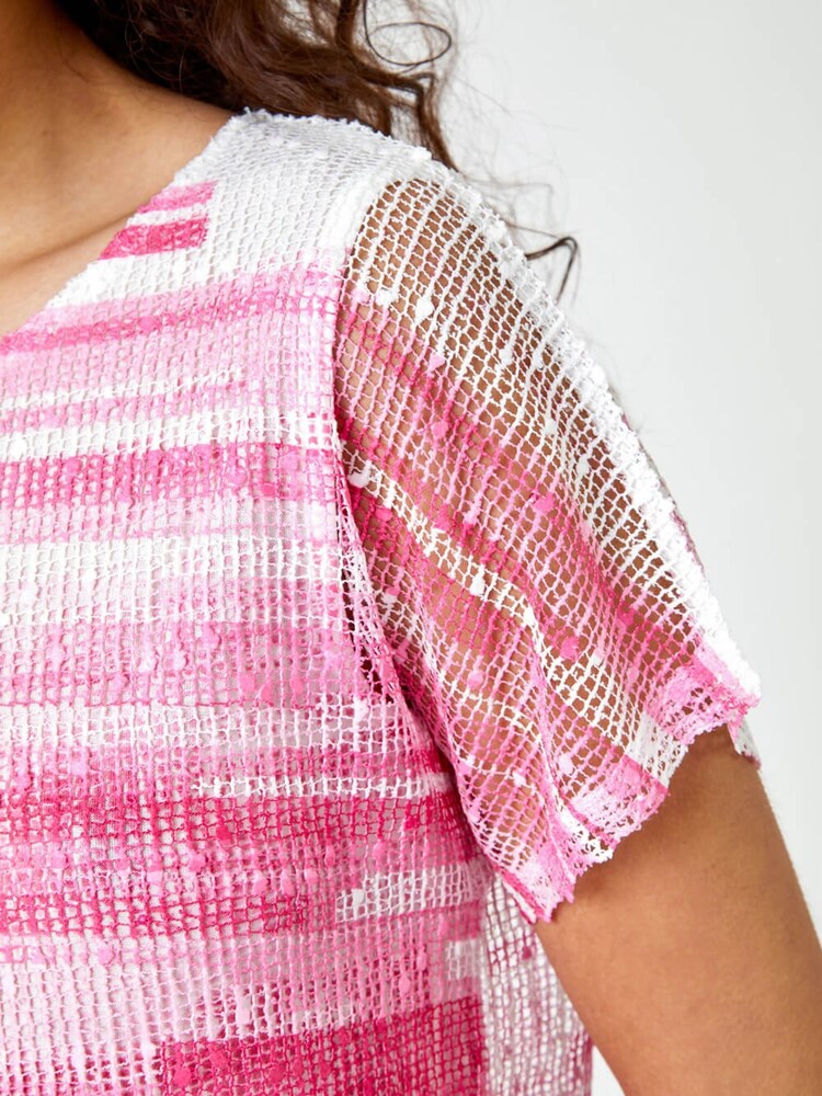 Roman Pink Mesh Overlay Stripe Print Top - Image 5 of 5