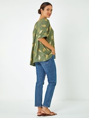 Roman Green Foil Print Button Back Top - Image 2 of 5