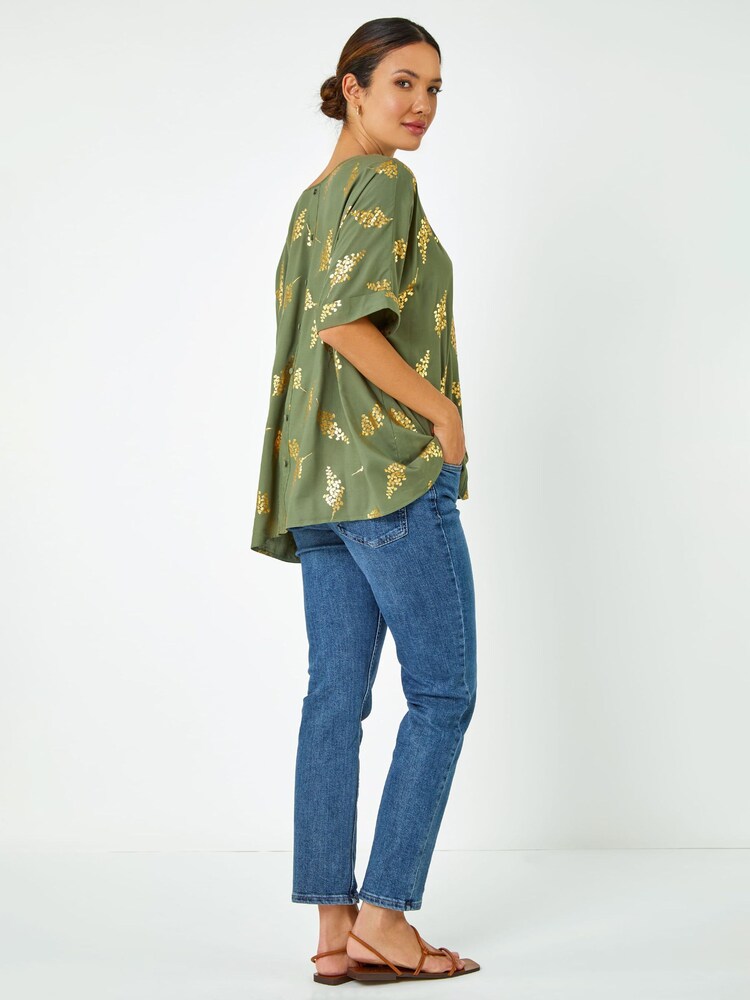 Roman Green Foil Print Button Back Top - Image 2 of 5