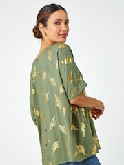 Roman Green Foil Print Button Back Top - Image 3 of 5