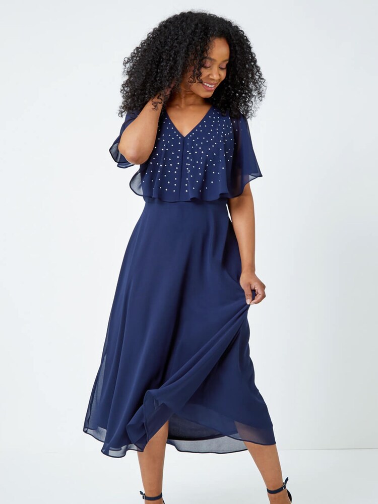 Roman Blue Sparkle Embellished Cape Dress - Image 1 of 5