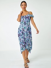Roman Purple Cold Shoulder Printed Midi Dress - Image 1 of 5