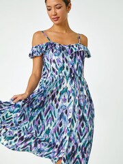 Roman Purple Cold Shoulder Printed Midi Dress - Image 3 of 5