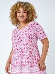 Roman Pink Curve Tile Print Longline Top - Image 1 of 5
