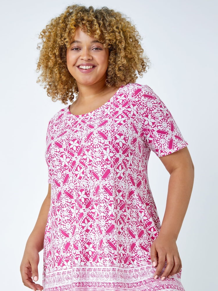 Roman Pink Curve Tile Print Longline Top - Image 1 of 5