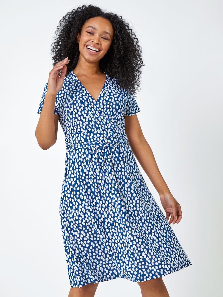 Roman Blue Petite Spot Print Wrap Dress - Image 1 of 5