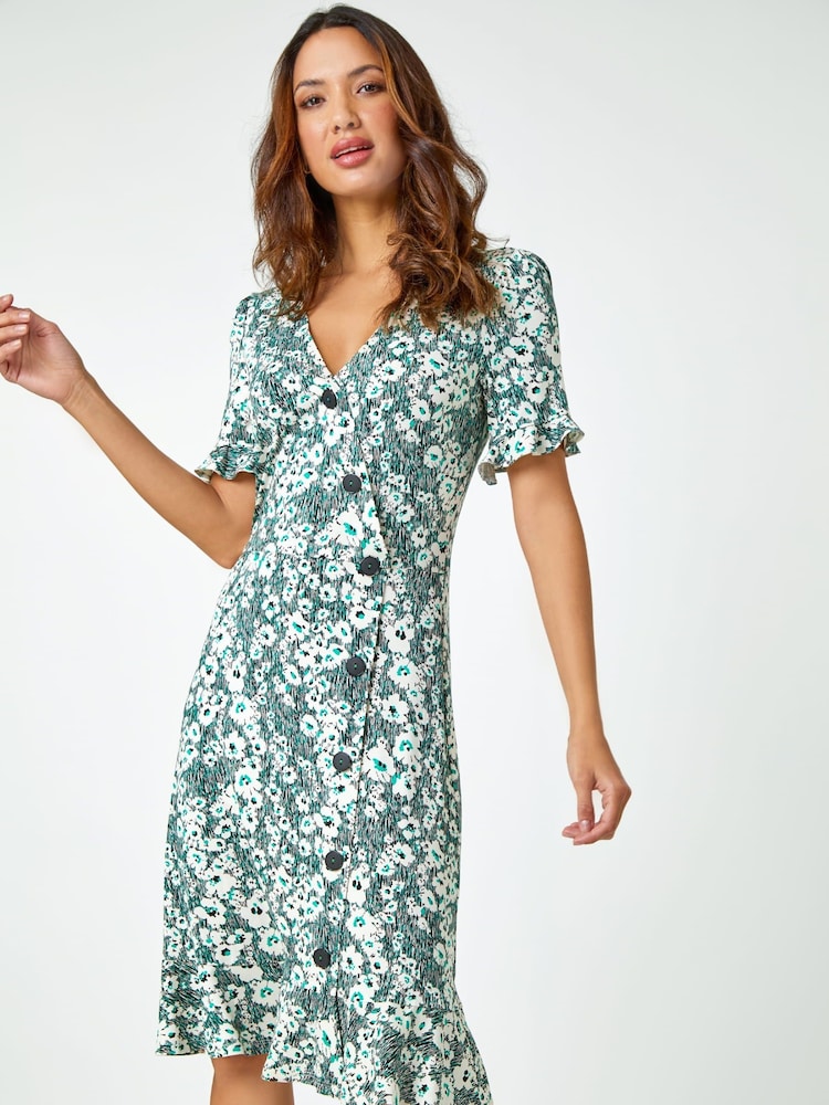 Roman Green Floral Print Button Detail Tea Dress - Image 1 of 5