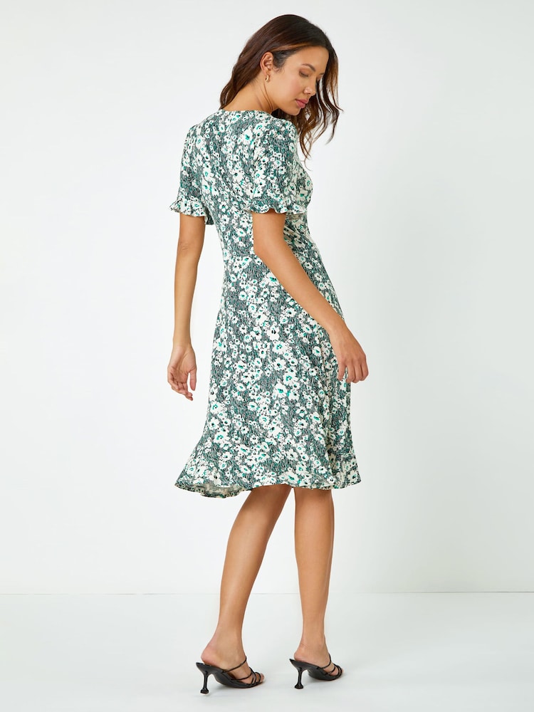 Roman Green Floral Print Button Detail Tea Dress - Image 2 of 5