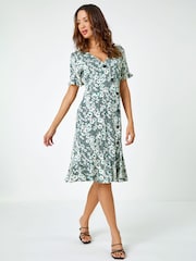 Roman Green Floral Print Button Detail Tea Dress - Image 3 of 5
