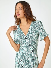 Roman Green Floral Print Button Detail Tea Dress - Image 4 of 5