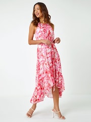 Roman Pink Halter Neck Butterfly Print Dress - Image 1 of 5