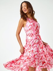 Roman Pink Halter Neck Butterfly Print Dress - Image 3 of 5