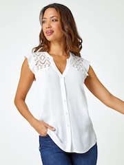 Roman White Lace Yoke Sleeveless Blouse - Image 1 of 5