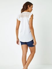 Roman White Lace Yoke Sleeveless Blouse - Image 3 of 5