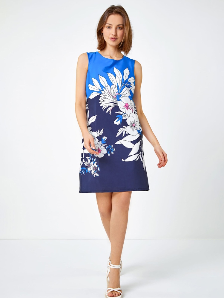 Roman Blue Floral Contrast Print Shift Dress - Image 1 of 5