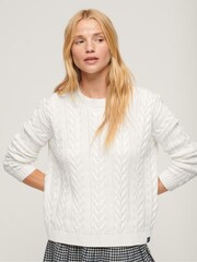 Superdry White 100% Cotton Dropped Shoulder Cable Crew Jumper - Image 2 of 6