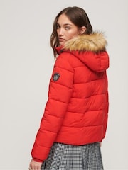 Superdry Red Faux Fur Short Hooded Puffer Jacket - Image 2 of 5