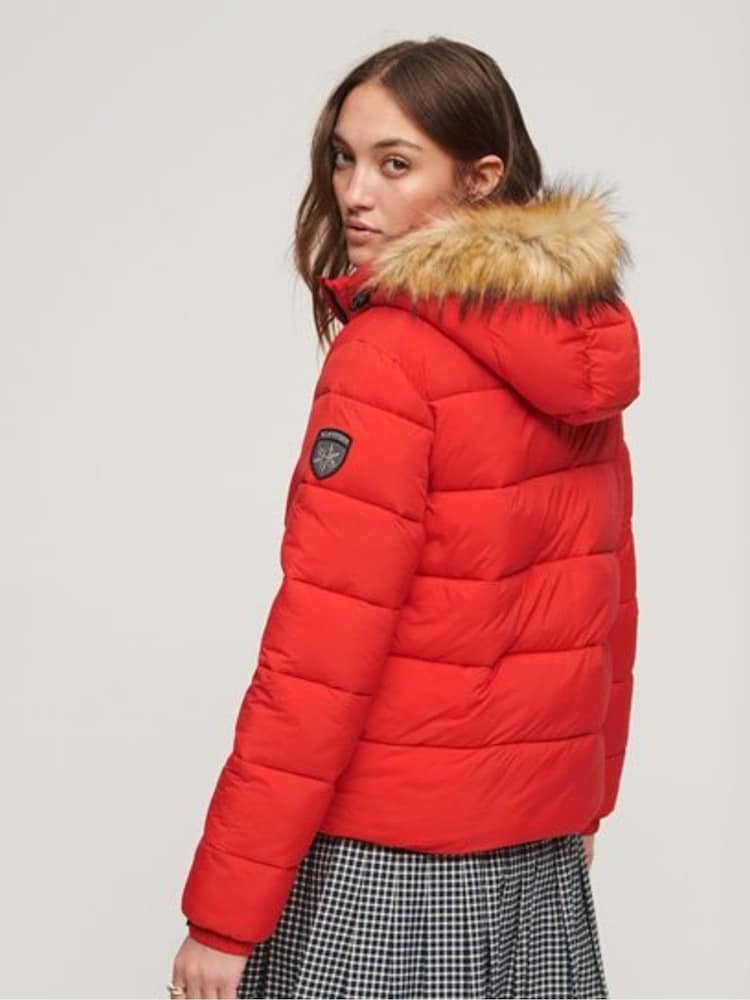Superdry Red Faux Fur Short Hooded Puffer Jacket - Image 2 of 5