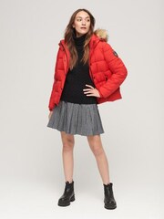 Superdry Red Faux Fur Short Hooded Puffer Jacket - Image 3 of 5