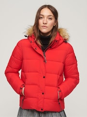 Superdry Red Faux Fur Short Hooded Puffer Jacket - Image 4 of 5