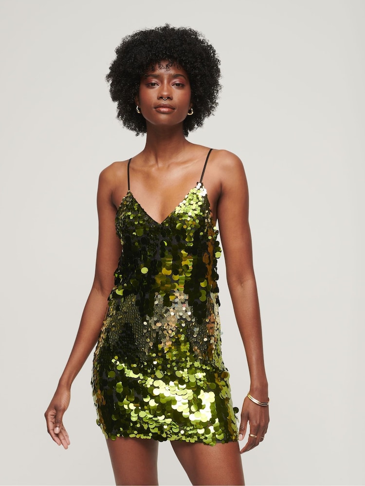 Superdry Green Disco Sequin Mini Dress - Image 1 of 5