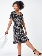 Roman Black Petite Polka Dot Stretch Tea Dress - Image 3 of 5