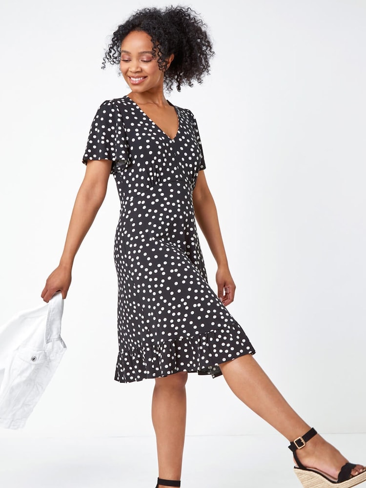 Roman Black Petite Polka Dot Stretch Tea Dress - Image 3 of 5