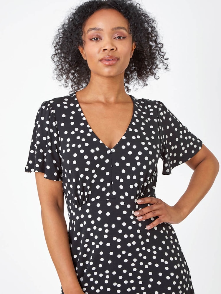 Roman Black Petite Polka Dot Stretch Tea Dress - Image 4 of 5
