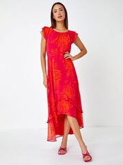 Roman Pink Floral Print Frill Detail Midi Dress - Image 1 of 5