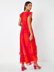 Roman Pink Floral Print Frill Detail Midi Dress - Image 2 of 5
