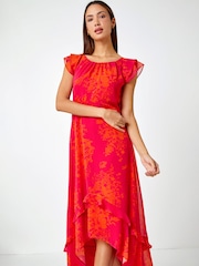 Roman Pink Floral Print Frill Detail Midi Dress - Image 3 of 5