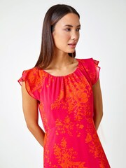 Roman Pink Floral Print Frill Detail Midi Dress - Image 4 of 5