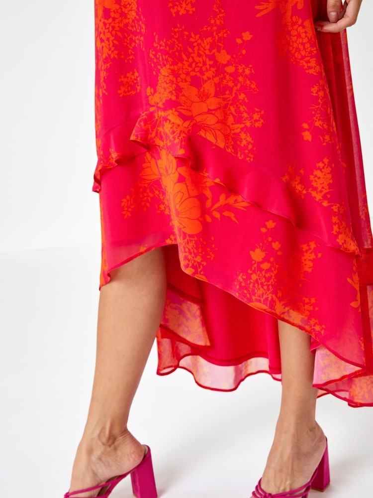 Roman Pink Floral Print Frill Detail Midi Dress - Image 5 of 5