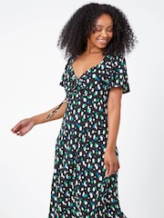Roman Black Petite Spot Ruched Stretch Midi Dress - Image 1 of 5