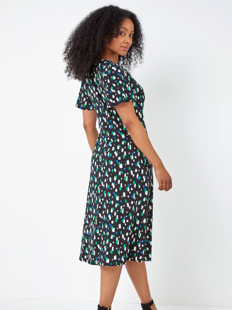 Roman Black Petite Spot Ruched Stretch Midi Dress - Image 2 of 5