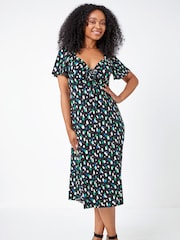 Roman Black Petite Spot Ruched Stretch Midi Dress - Image 3 of 5