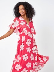 Roman Pink Petite Floral Print Cape Dress - Image 1 of 5