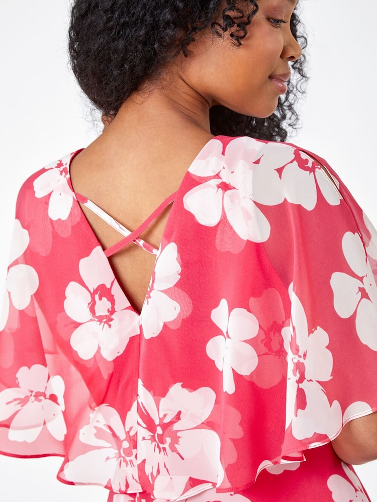 Roman Pink Petite Floral Print Cape Dress - Image 5 of 5
