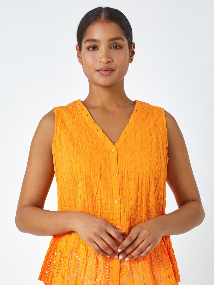 Roman Orange Eyelet Detail Embroidered Crinkle Blouse - Image 1 of 5