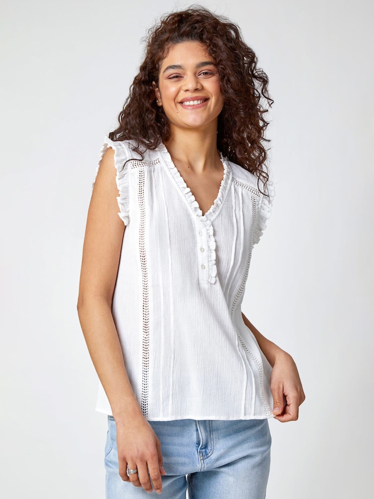 Roman White Ruffle Detail 100% Cotton Crinkle Top - Image 1 of 5