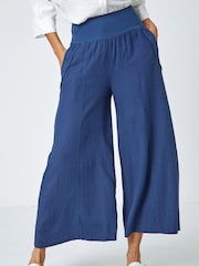 Roman Blue Linen Blend Stretch Waist Culottes - Image 1 of 5