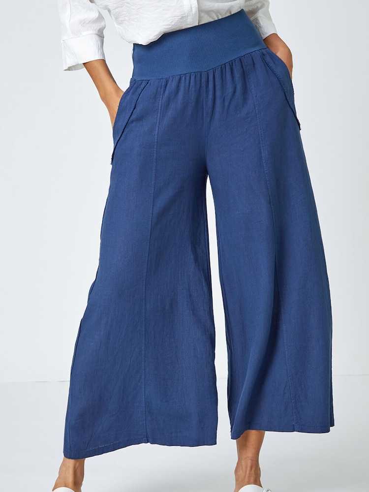 Roman Blue Linen Blend Stretch Waist Culottes - Image 1 of 5