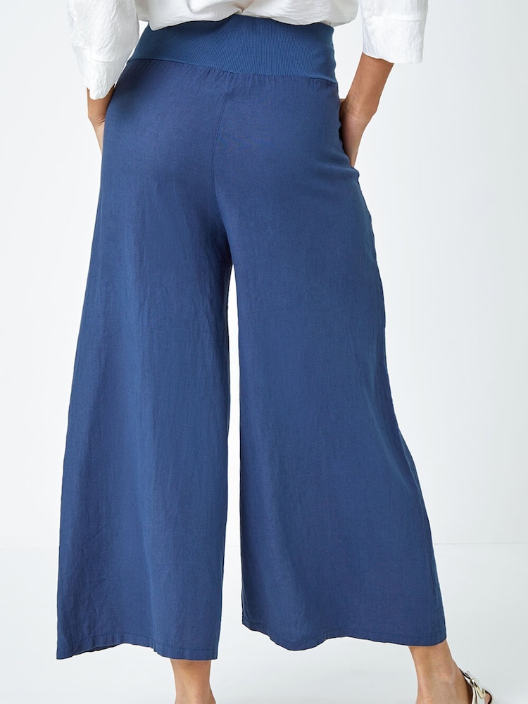 Roman Blue Linen Blend Stretch Waist Culottes - Image 2 of 5