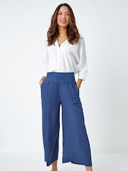 Roman Blue Linen Blend Stretch Waist Culottes - Image 3 of 5