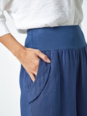 Roman Blue Linen Blend Stretch Waist Culottes - Image 5 of 5