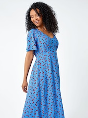 Roman Blue Petite Strawberry Print Midi Tea Dress - Image 1 of 5