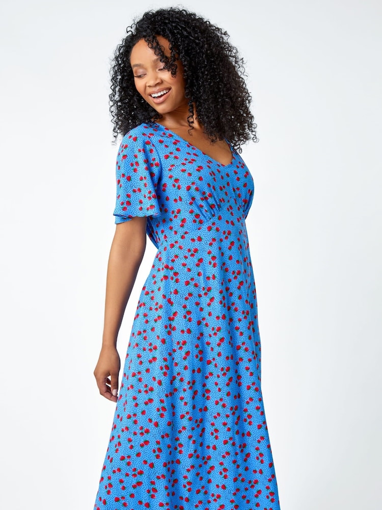 Roman Blue Petite Strawberry Print Midi Tea Dress - Image 1 of 5