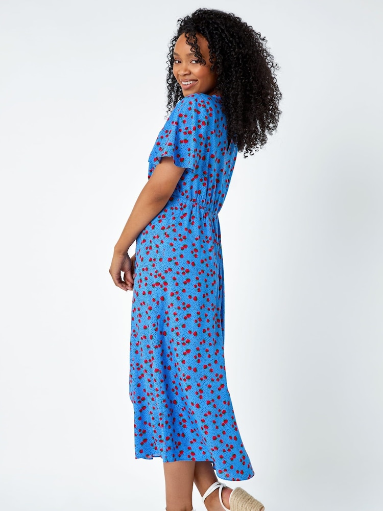 Roman Blue Petite Strawberry Print Midi Tea Dress - Image 2 of 5