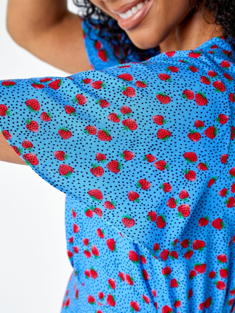 Roman Blue Petite Strawberry Print Midi Tea Dress - Image 5 of 5